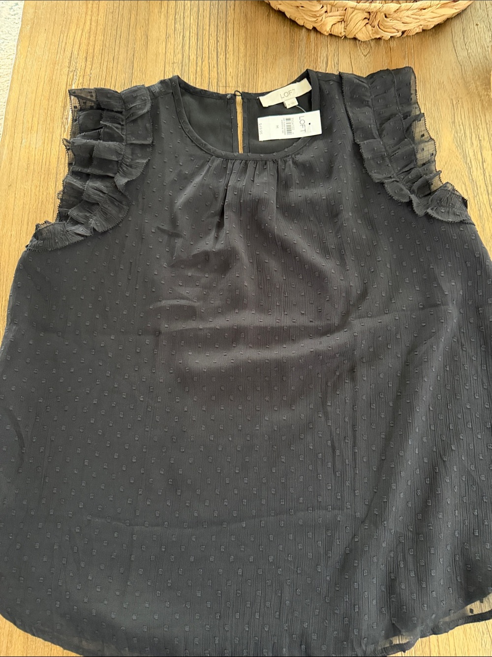 LOFT Black Swiss Dot Ruffle Sleeve Blouse, Size M